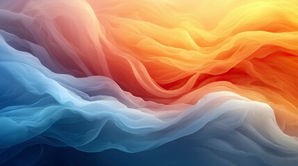 An abstract image featuring flowing, wave-like forms in a gradient of warm orange and cool blue colors. The image evokes a sense of movement and fluidity.