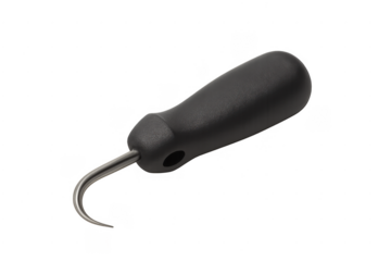 Weeding tool with black handle and metal hook