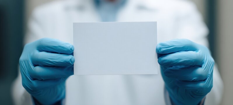 The scientist holding a blank white card with blue gloved hands - Powered by Adobe