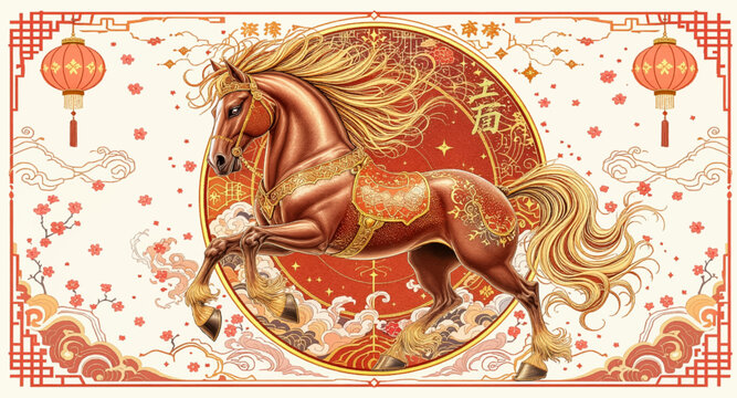 Ornate bronze-red horse with lanterns in festive oriental frame. Elegant zodiac horse in glowing red and gold Chinese motif. Luxurious Lunar horse artwork with swirling cloud detailing