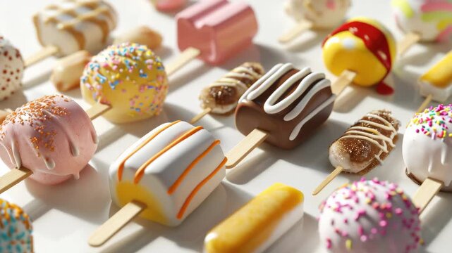 Colorful popsicles on a white surface.