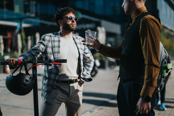 Two men in stylish outfits converse outside in a modern urban area. One holds a drink while the other rests a scooter, creating a casual business gathering in the city.