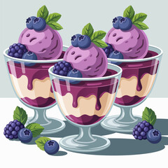Three delicious berry ice cream sundaes with fresh fruit and mint garnish