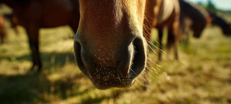 The horse muzzle closeup with grazing herd in sunlit summer pasture