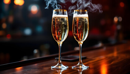 Champagne flutes with gold rims in soft red lighting