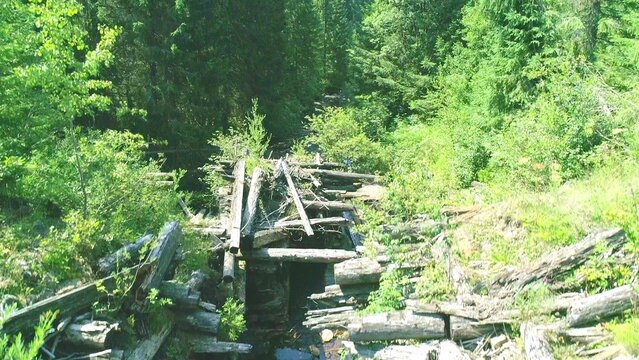 Small narrow river stream with broken dam