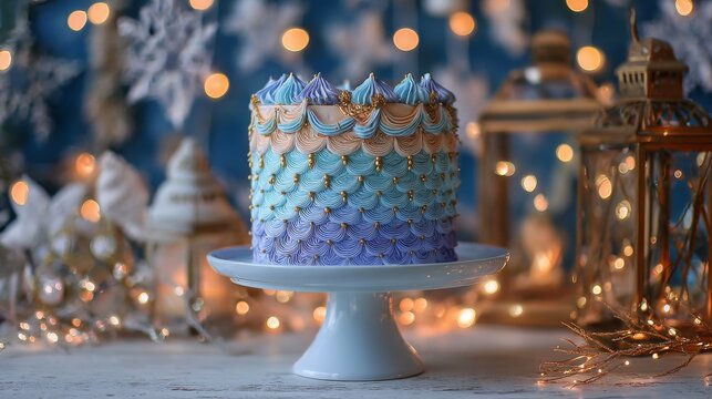 Beautiful decorated birthday cake on a stand with candles and festive lights, colorful party decorations in soft glowing background, celebration dessert table setup for birthday party