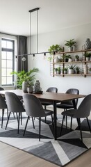 Fototapeta premium Modern Dining Room with Plants and Geometric Rug