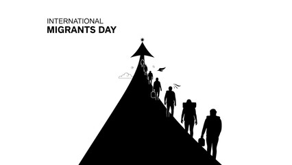 Silhouette of people walking up a pyramid with a bird flying away, on a white background, for International Migrants Day, conveying a sense of movement and freedom.