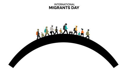 Illustration of diverse people walking on a black archway with luggage on International Migrants Day against a white background.
