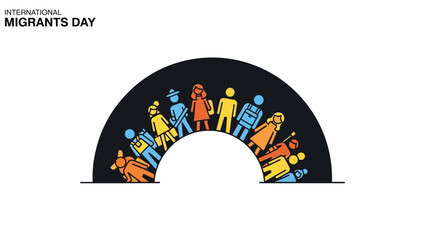 Illustration of diverse people standing together under an arch on International Migrants Day with a white background and bold colors.