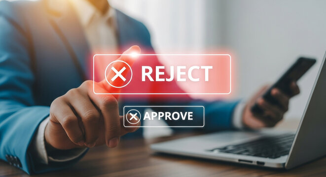 Business professional rejecting proposal with digital interface on laptop, showcasing decision making and control in modern digital workspace