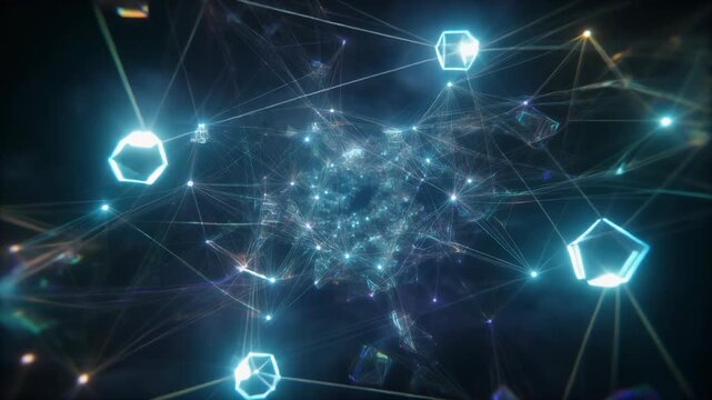 Abstract digital network with glowing blue lines and geometric shapes representing data connections and technology.