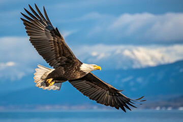 Fototapeta premium An American bald eagle with massive wings soaring through the blue sky as a powerful wild raptor and predator of the Alaskan nature