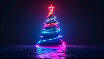 Modern Christmas tree with glowing neon lights and star on a dark background for holiday design event