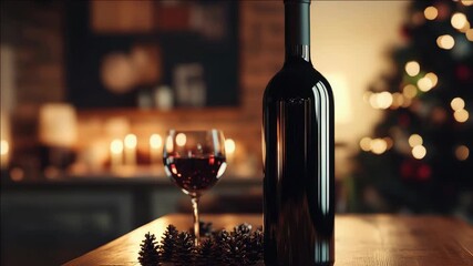 The showcases a festive atmosphere with a wine bottle and glass set up against a backdrop of holiday lights and decorations.