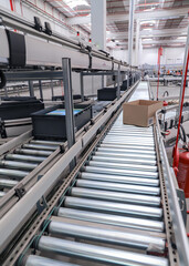 packing line in a logistics warehouse. conveyor belt in a modern production line