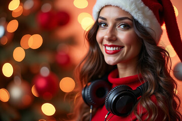 Holiday Vibes: Cheerful Woman with Headphones and Christmas Tree
