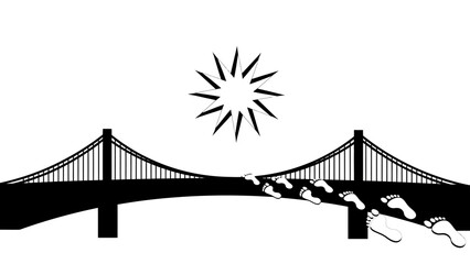 Obraz premium Black silhouette of a suspension bridge with cables and pylons under a stylized sun on a white background.
