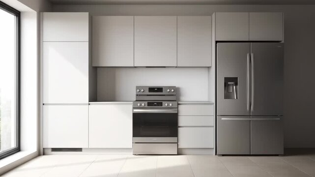 An empty room transforms into a modern kitchen with sleek white cabinets and appliances. Stainless steel appliances and a clean design complete the contemporary living space.