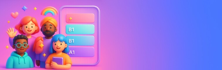 Diverse cartoon characters with educational chart on vibrant pink-purple gradient background with blank copyspace on right side for text or design. Ai generative