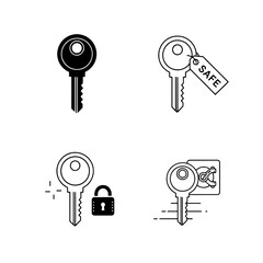 Four key icons depicting security concepts, including a safe, padlock, and key with a tag.