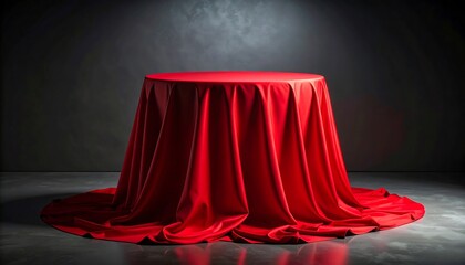 Red Tablecloth On Round Table Against Dark Background.