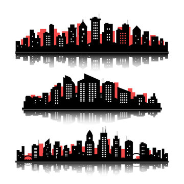 Set of black silhouettes of flat cities panorama of red and black buildings architecture with windows