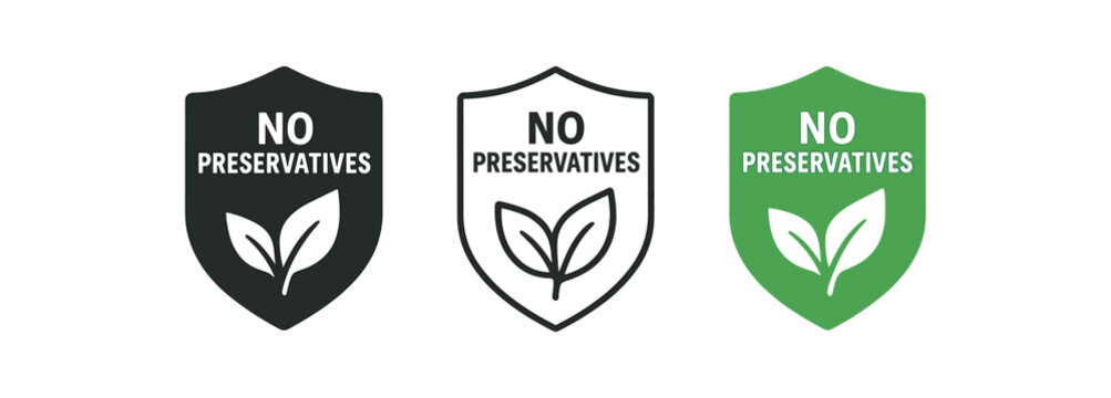 no preservatives icons three no preservatives shield leaf icons one flat solid monochrome one thin black outline black and white one full color flat icon green