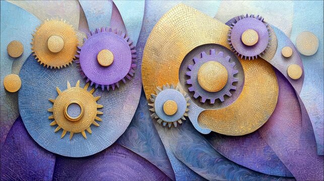 An abstract artwork featuring a collection of gears in various sizes and colors, set against a textured background. The image evokes a sense of movement and mec