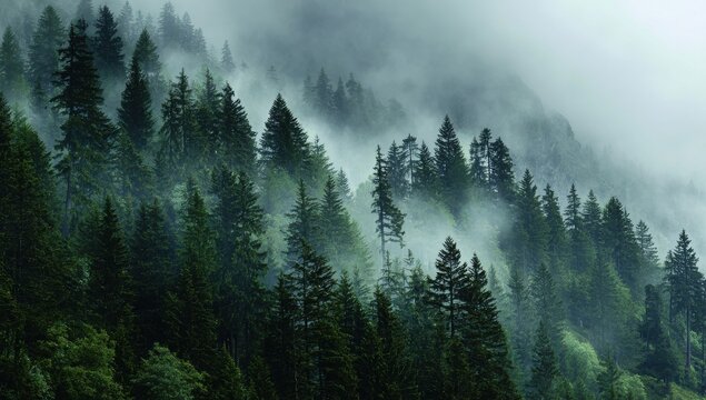 A dense forest with a thick fog covering the trees