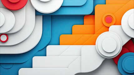 A vibrant, abstract composition featuring a variety of geometric shapes including circles, squares, and rectangles in a modern, colorful style.