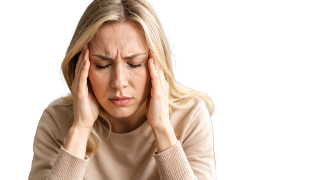 Woman feels strong head pain pressing temples with hands with eyes closed, showing distress and discomfort. Her face expresses suffering and worry