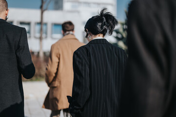 Fototapeta premium A group of colleagues walks away from the camera through a modern urban setting. The focus is on stylish outerwear, signaling a corporate, fashion-forward mood and purposeful city life.