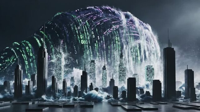 Abstract digital wave over city skyline representing data and technology