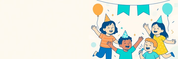 Fototapeta premium Happy kids celebrating with balloons and confetti on party background with copyspace on left side for banner or poster template layout use. Ai generative
