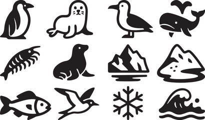 North Pole Animal Icons and Frozen Landscape Set.