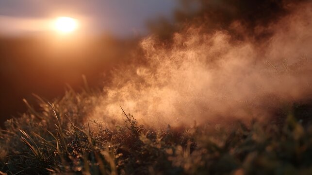 Swirling golden hour mist glows over grass bathed in warm sunlight