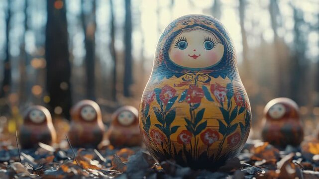 A collection of colorful wooden matryoshka dolls displayed in a natural setting with fallen leaves.