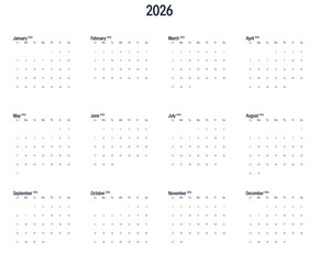 Dark minimalist 2026 year calendar layout