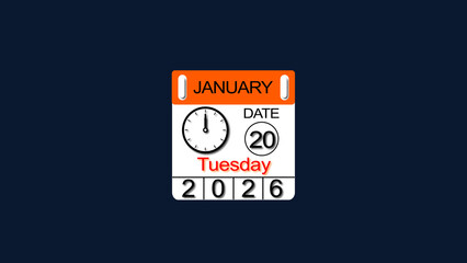 20 January 2026 Calendar illustration with clock icon. Perfect for countdown videos, on a black background. and stunning 4k illustration .