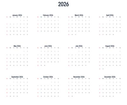 Sleek 2026 full year calendar design