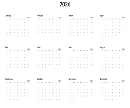 Minimal dark style 2026 annual calendar