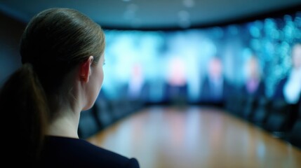 Woman watching presentation in modern conference room