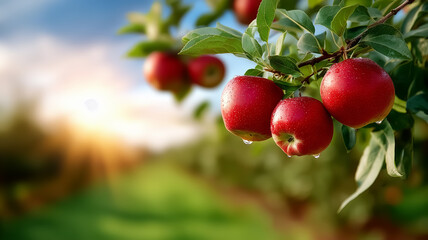 Obraz premium Red apples glisten with dew on branch in lush orchard. Warm sunset light bathes landscape in golden hues, illustrating fruitful harvest. Concept of agriculture, organic farming, healthy living