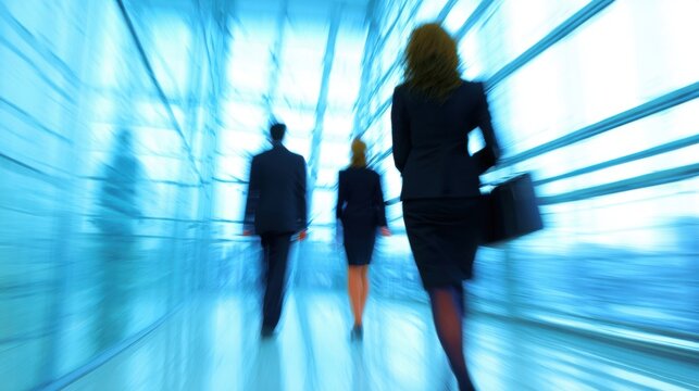 Business professionals walking through a modern office space during the day - Powered by Adobe