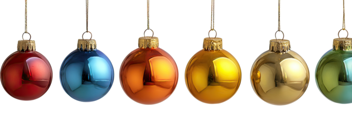 Colorful oval Christmas ornaments hanging three on top and two below on transparent background