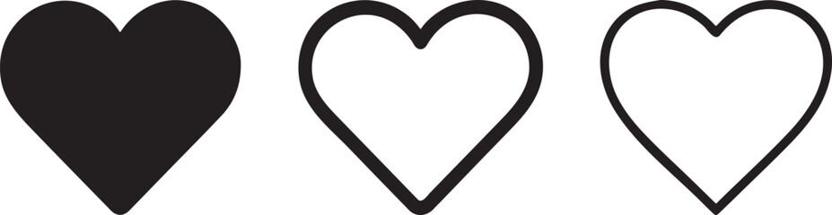 Silhouette heart vector icons representing love, care, romance, and emotion in bold simple style.