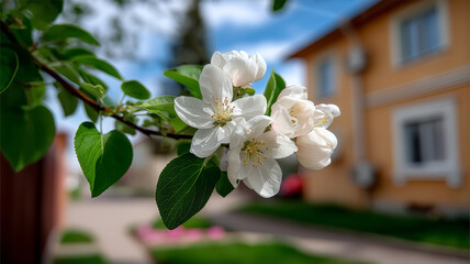 White apple flowers bloom on tree branch with greenery around. Background features yellow house under clear blue sky. Concept of gardening, nature beauty, springtime vibes