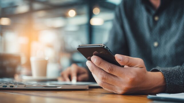 Person using smartphone and laptop at a cafe